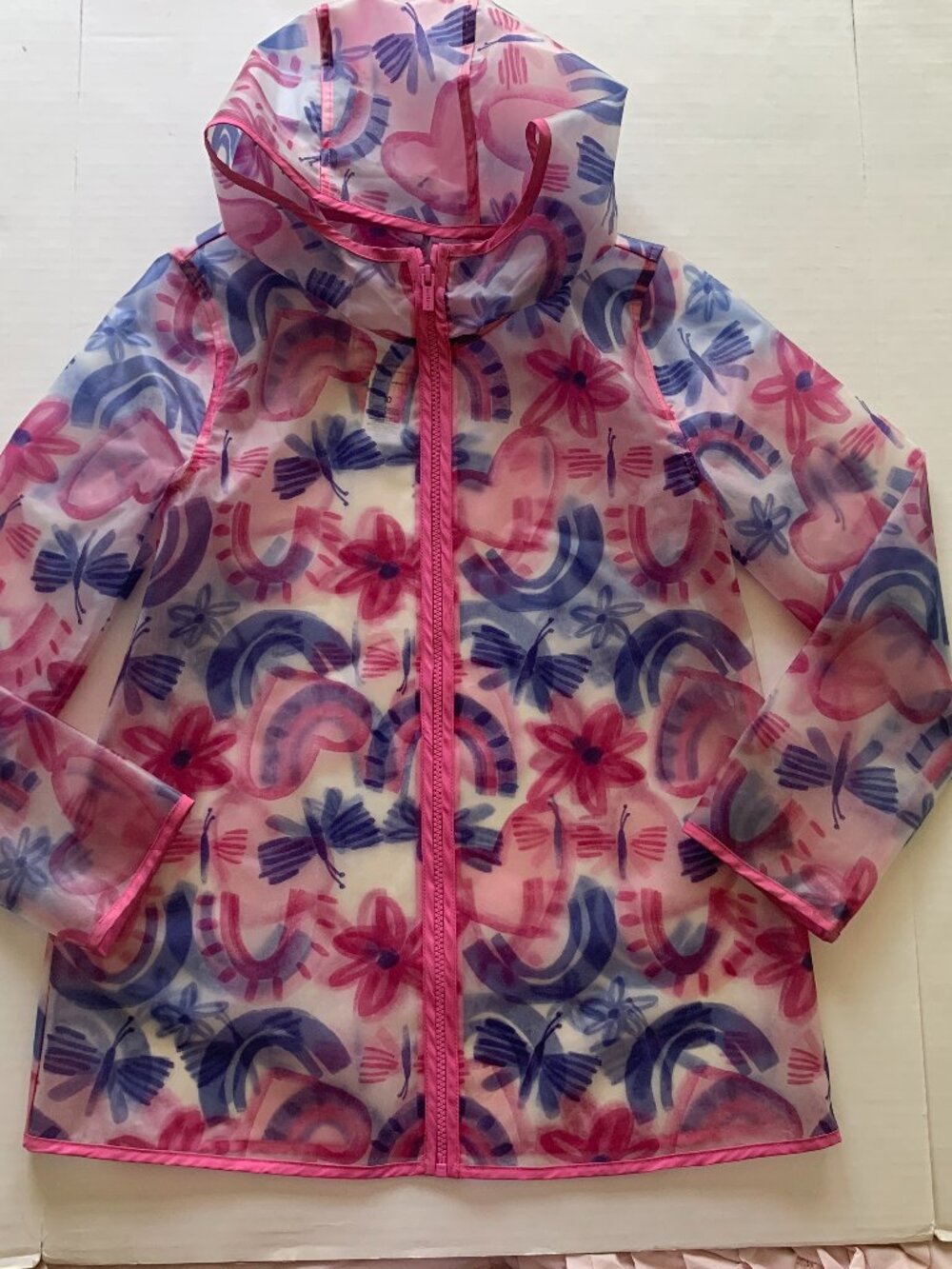 Carter's Girls Hooded Rain Jacket Size 10 Pink Butterfly Rainbow Floral TPU